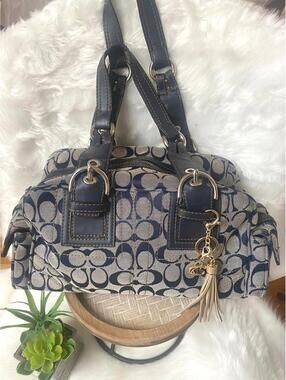 Vintage Coach Signature Canvas Shoulder Bag with Tassel Charm
